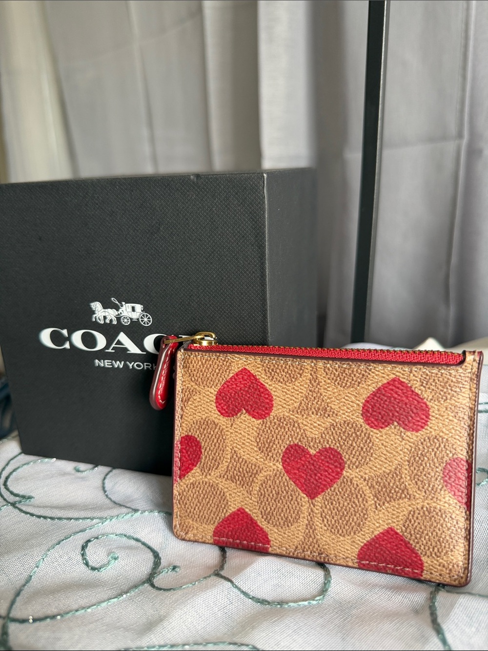 Coach Tan Canvas Zip Card Case with Red Heart Print